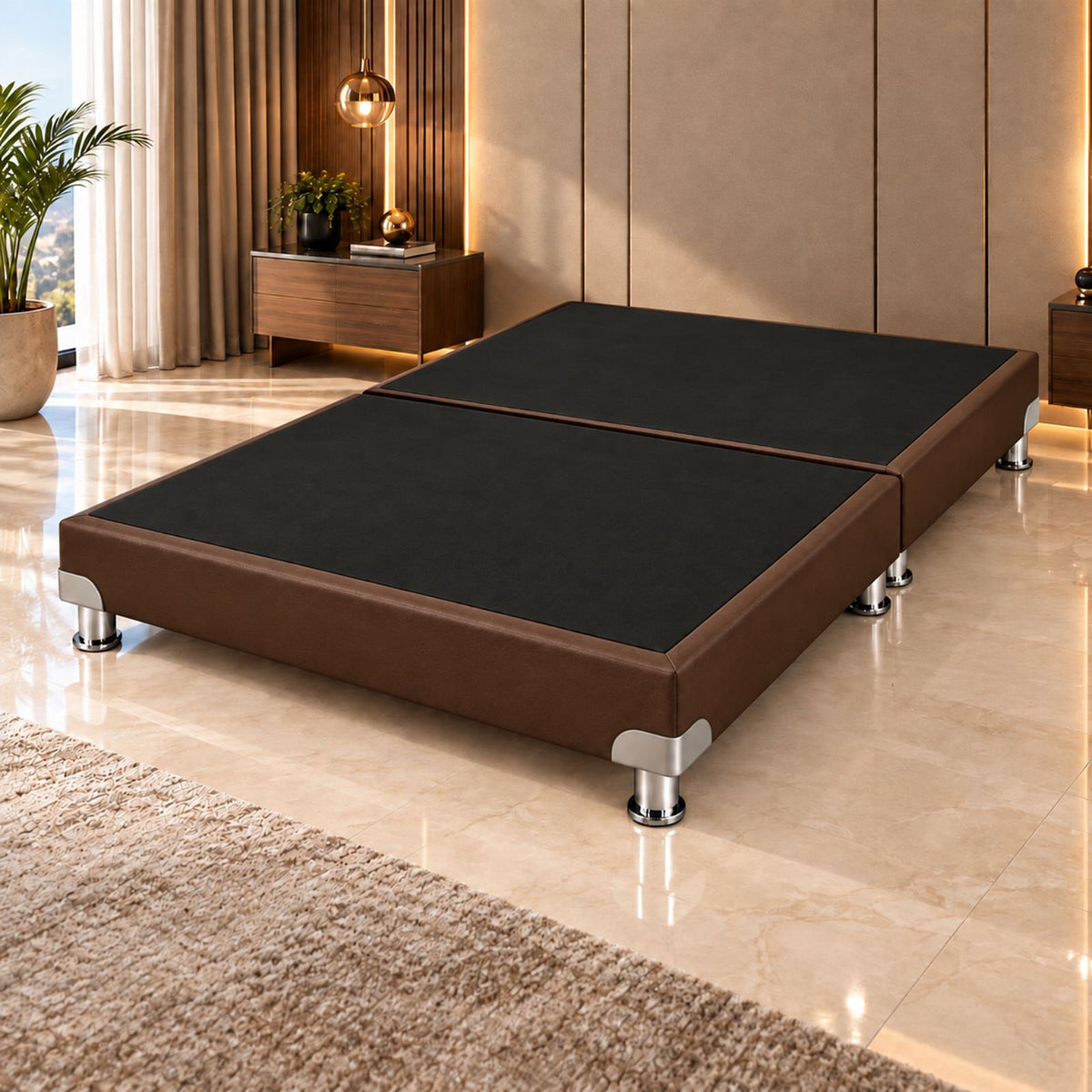 Base Cama Dividida Bostón Microfibra Café 200x200cm para Colchón King sin Cabecero y con Patas