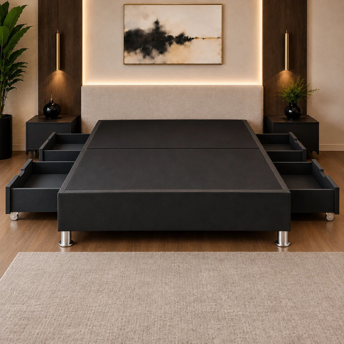 Base Cama Elegant Microfibra Negro 120x190cm para Colchón Semidoble sin Cabecero y con Patas