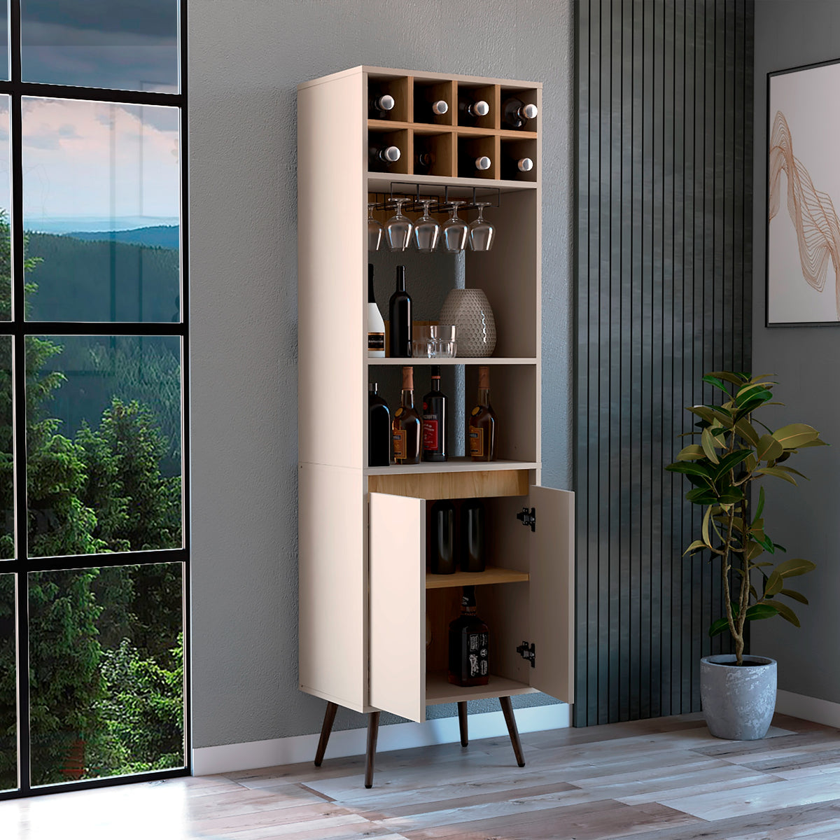 Bar Aranjuez Fresno Europeo y Capri 53x178cm con Diez Compartimientos y Ocho Portabotellas