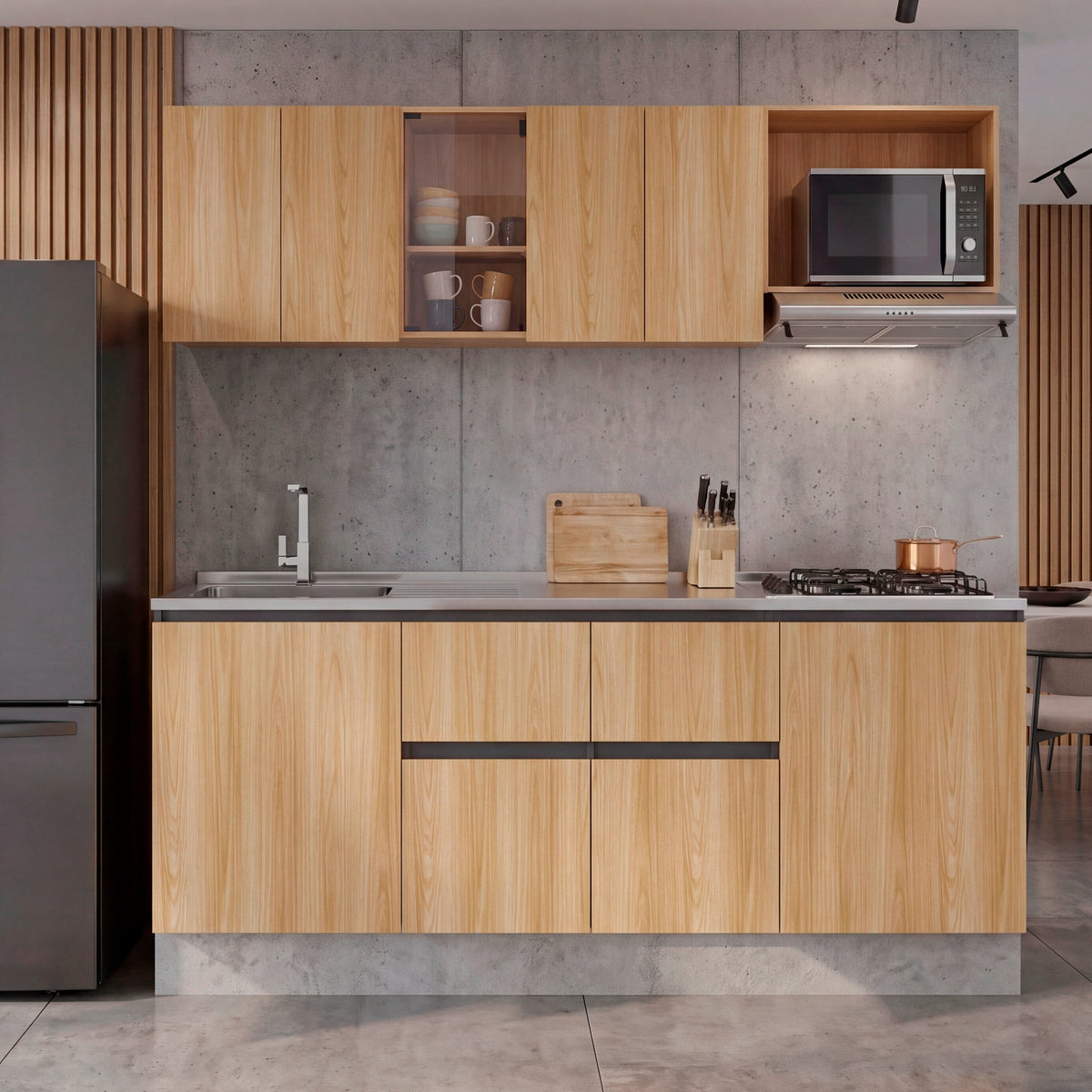 Cocina Amantia Fresno Europeo 212x208cm para Mesón Lado Izquierdo sin Mesón y sin Estufa con Ocho Puertas y con Espacio para Extractor