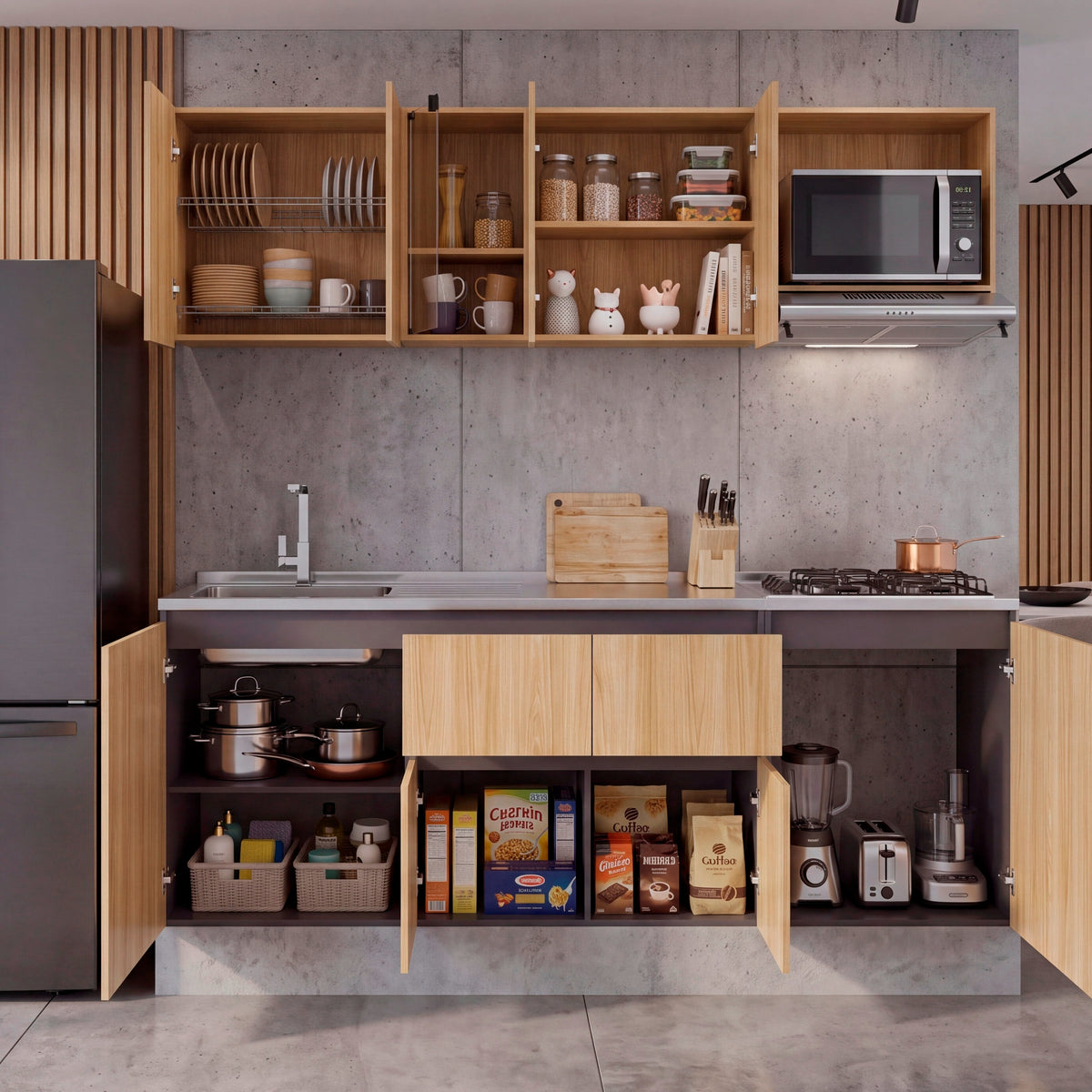 Cocina Amantia Fresno Europeo 212x208cm para Mesón Lado Izquierdo sin Mesón y sin Estufa con Ocho Puertas y con Espacio para Extractor