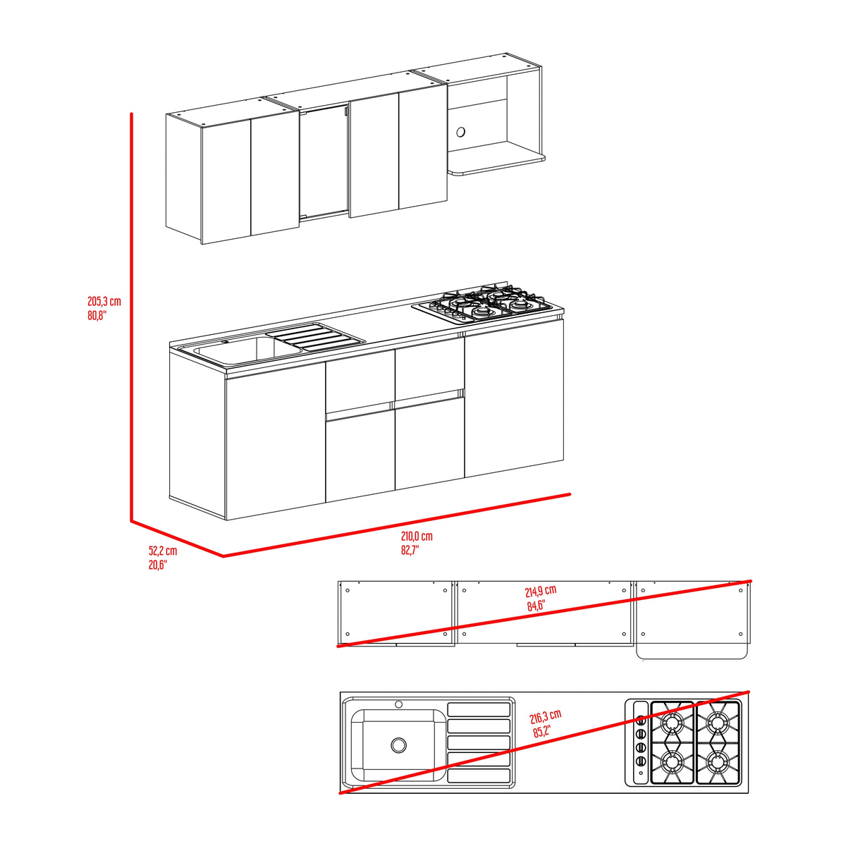 Cocina Amantia Fresno Europeo 212x208cm para Mesón Lado Izquierdo sin Mesón y sin Estufa con Ocho Puertas y con Espacio para Extractor