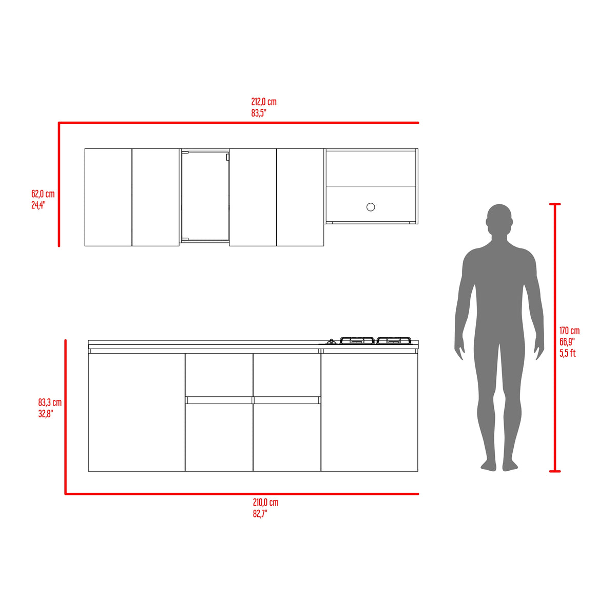 Cocina Amantia Fresno Europeo 212x208cm para Mesón Lado Izquierdo sin Mesón y sin Estufa con Ocho Puertas y con Espacio para Extractor