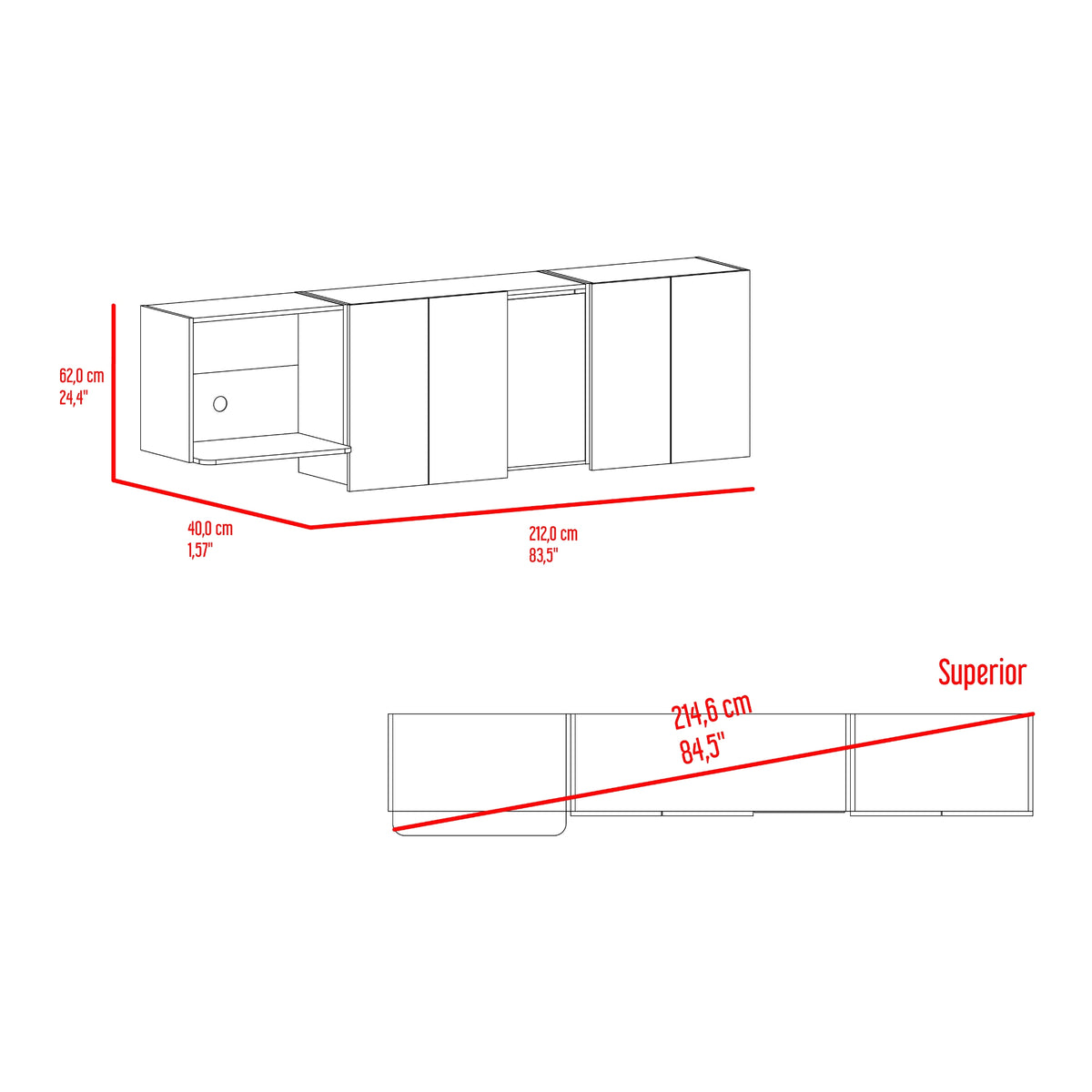 Mueble Superior de Cocina Lirio Fresno Europeo 212x62cm con Espacio para Extractor Lado Izquierdo y con Cuatro Puertas