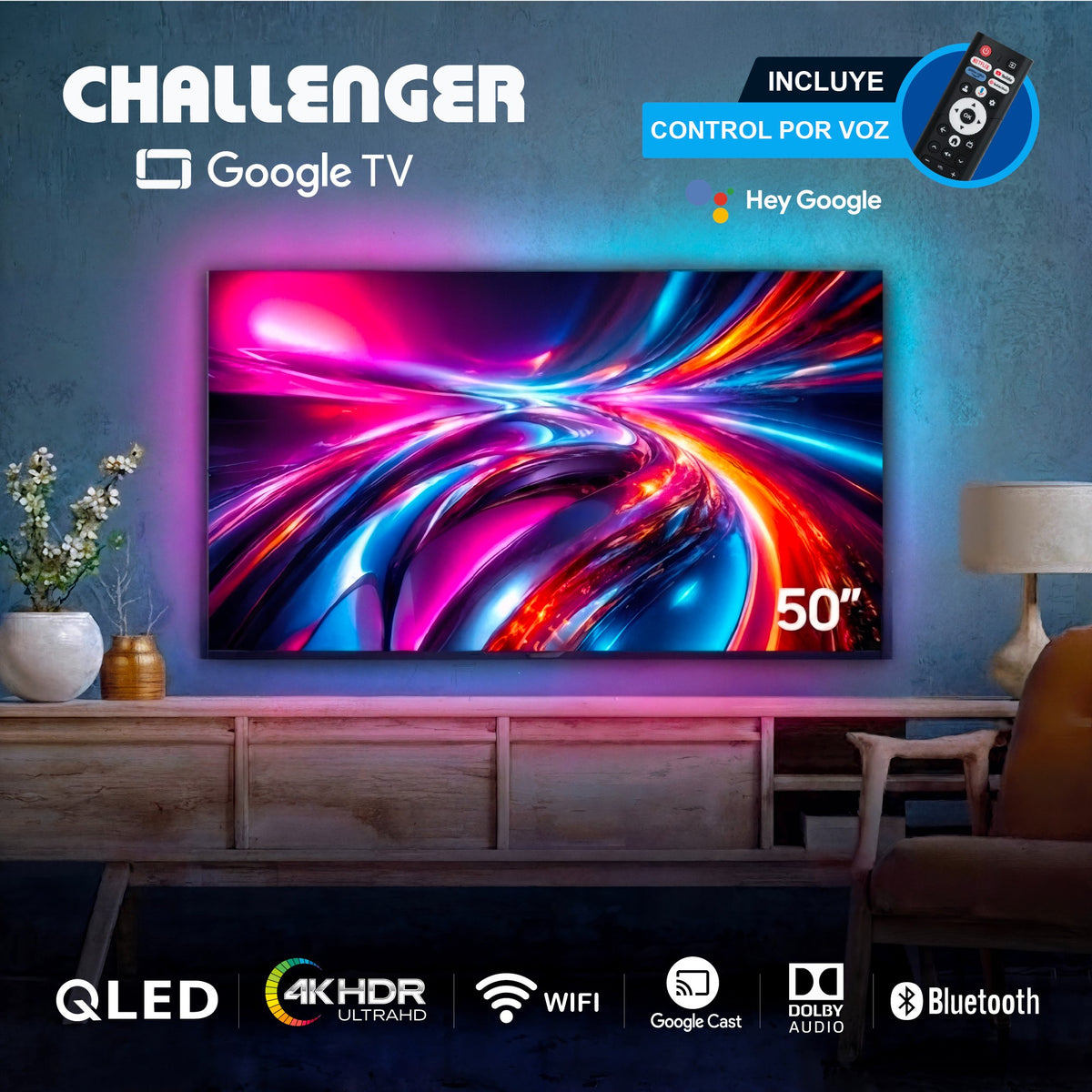 Televisor Challenger negro QLED 4K Google TV 50 pulgadas 130 W
