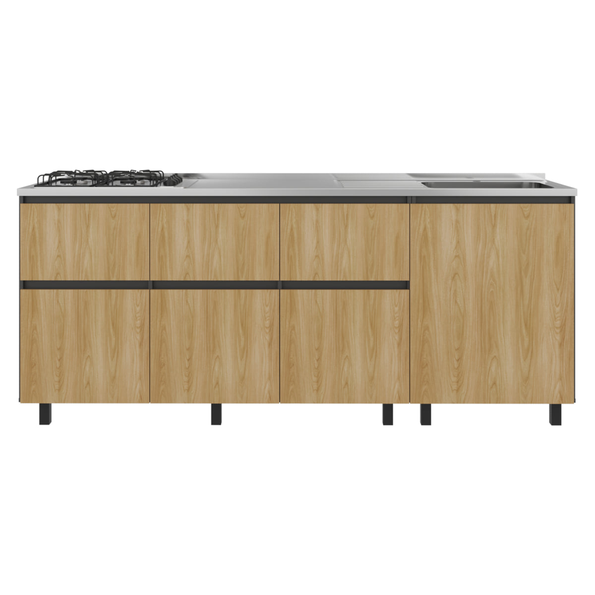 Mueble Inferior de Cocina Lirio Fresno Europeo y Plomo 210x90.7cm con Mesón de Acero Inoxidable Lado Derecho y con Estufa