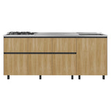 Mueble Inferior de Cocina Lirio Fresno Europeo y Plomo 210x90.7cm con Mesón de Acero Inoxidable Lado Derecho y con Estufa