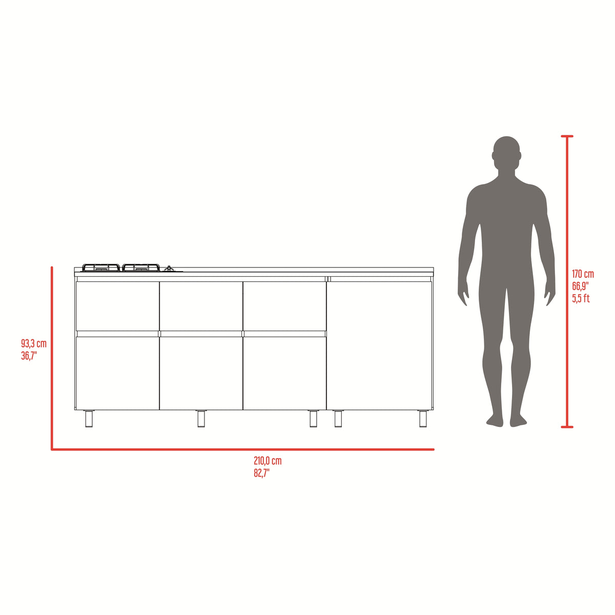 Mueble Inferior de Cocina Lirio Fresno Europeo y Plomo 210x90.7cm con Mesón de Acero Inoxidable Lado Derecho y con Estufa