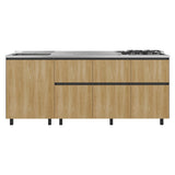 Mueble Inferior de Cocina Lirio Fresno Europeo 210x90.7cm con Mesón de Acero Inoxidable Lado Izquierdo y con Estufa