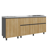 Mueble Inferior de Cocina Lirio Fresno Europeo 210x90.7cm con Mesón de Acero Inoxidable Lado Izquierdo y con Estufa