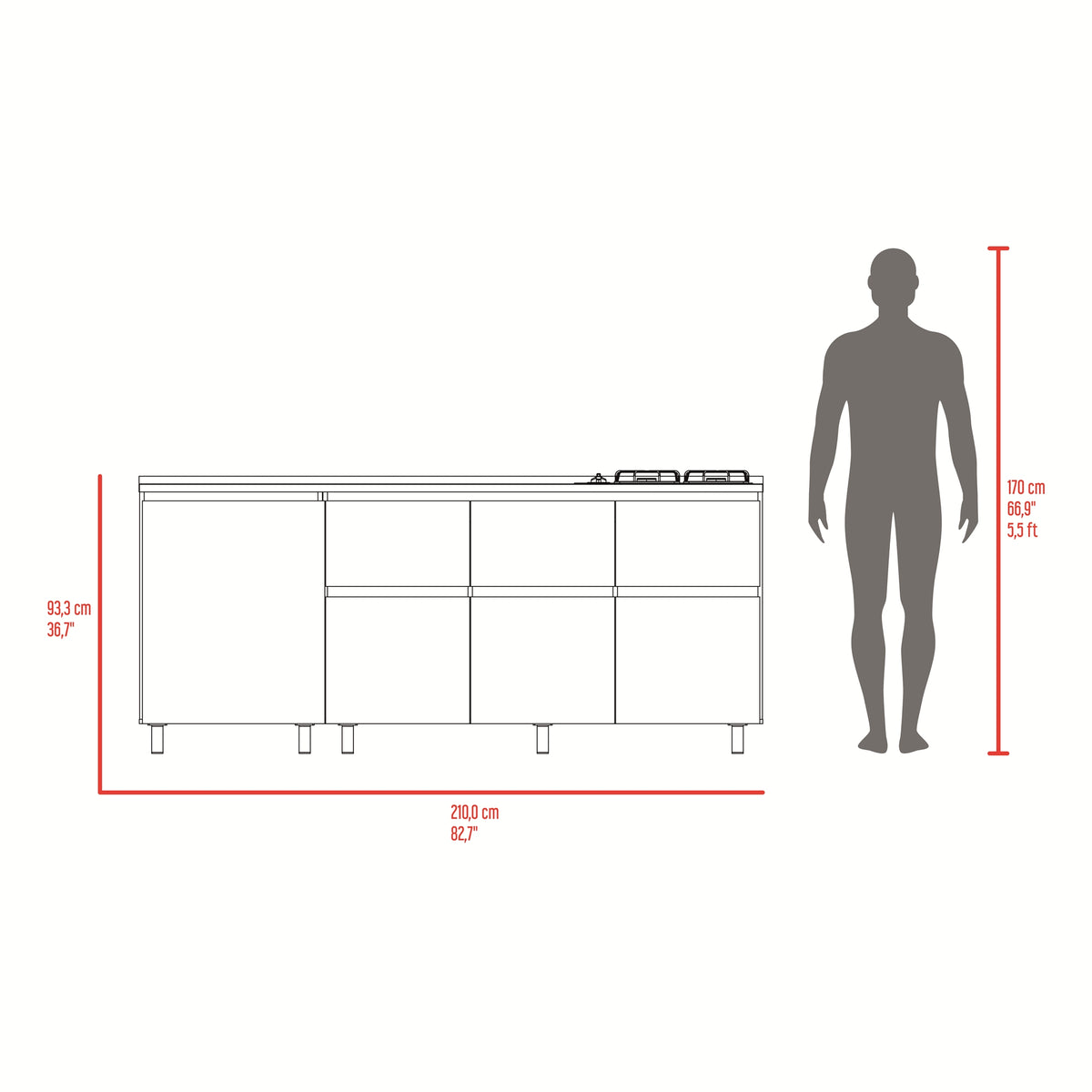 Mueble Inferior de Cocina Lirio Fresno Europeo 210x90.7cm con Mesón de Acero Inoxidable Lado Izquierdo y con Estufa