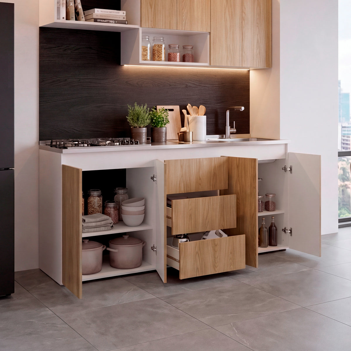 Mueble Inferior de Cocina Boreal Fresno y Blanco 180x81.5cm para Mesón Lado Derecho sin Mesón y sin Estufa