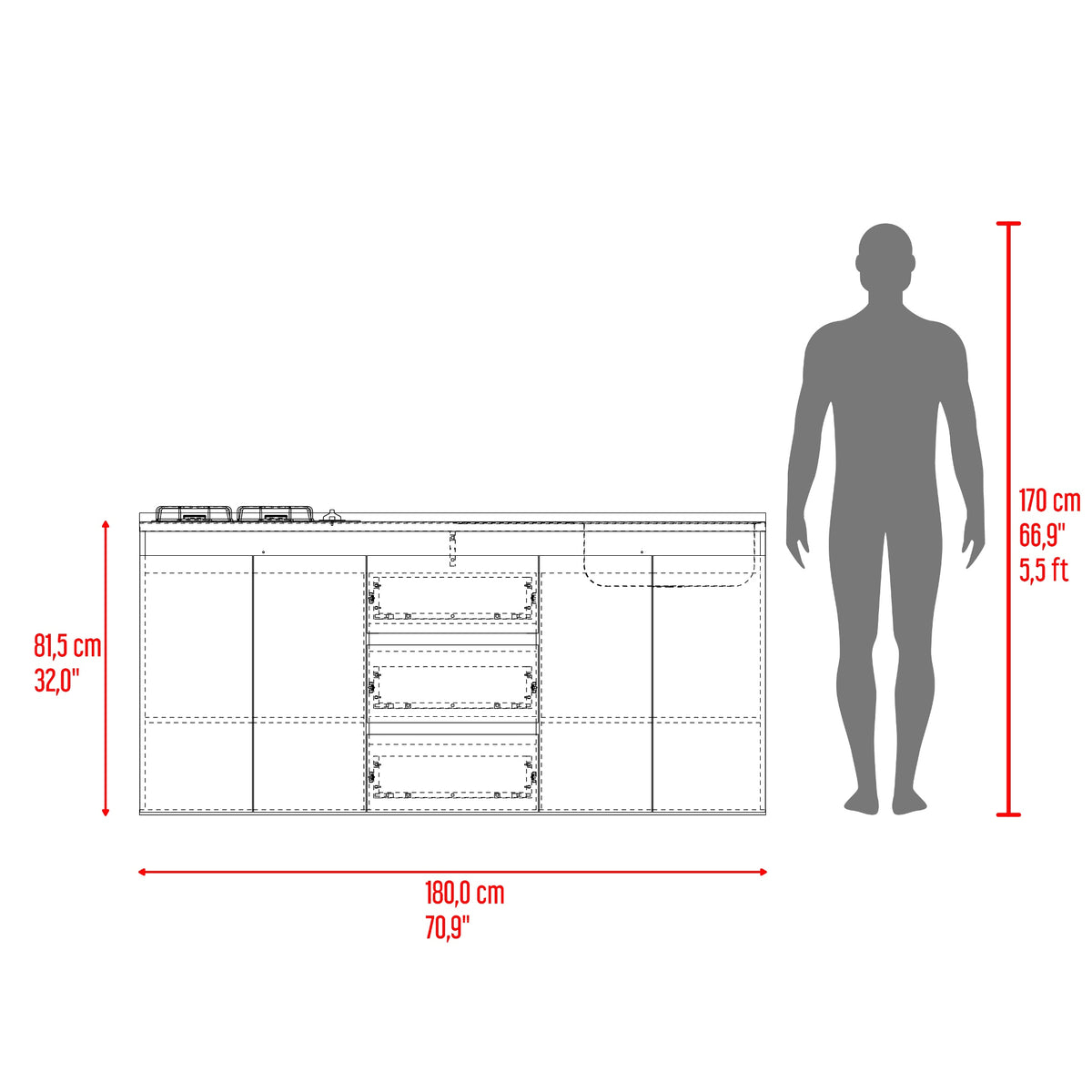 Mueble Inferior de Cocina Boreal Fresno y Blanco 180x81.5cm para Mesón Lado Derecho sin Mesón y sin Estufa