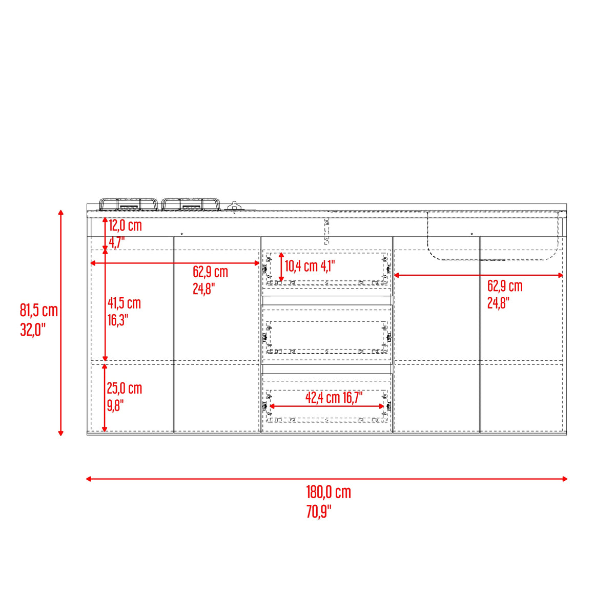 Mueble Inferior de Cocina Boreal Fresno y Blanco 180x81.5cm para Mesón Lado Derecho sin Mesón y sin Estufa