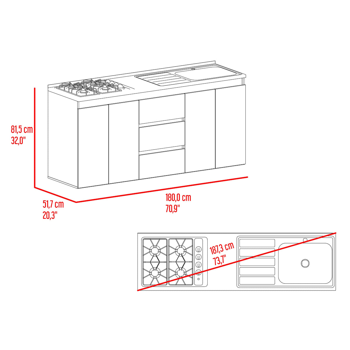 Mueble Inferior de Cocina Boreal Fresno y Blanco 180x81.5cm para Mesón Lado Derecho sin Mesón y sin Estufa