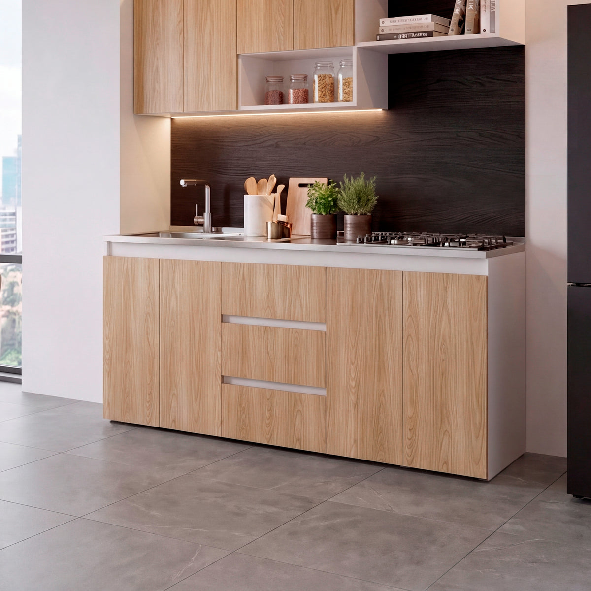 Mueble Inferior de Cocina Boreal Fresno y Blanco 180x81.5cm para Mesón Lado Izquierdo sin Mesón y sin Estufa