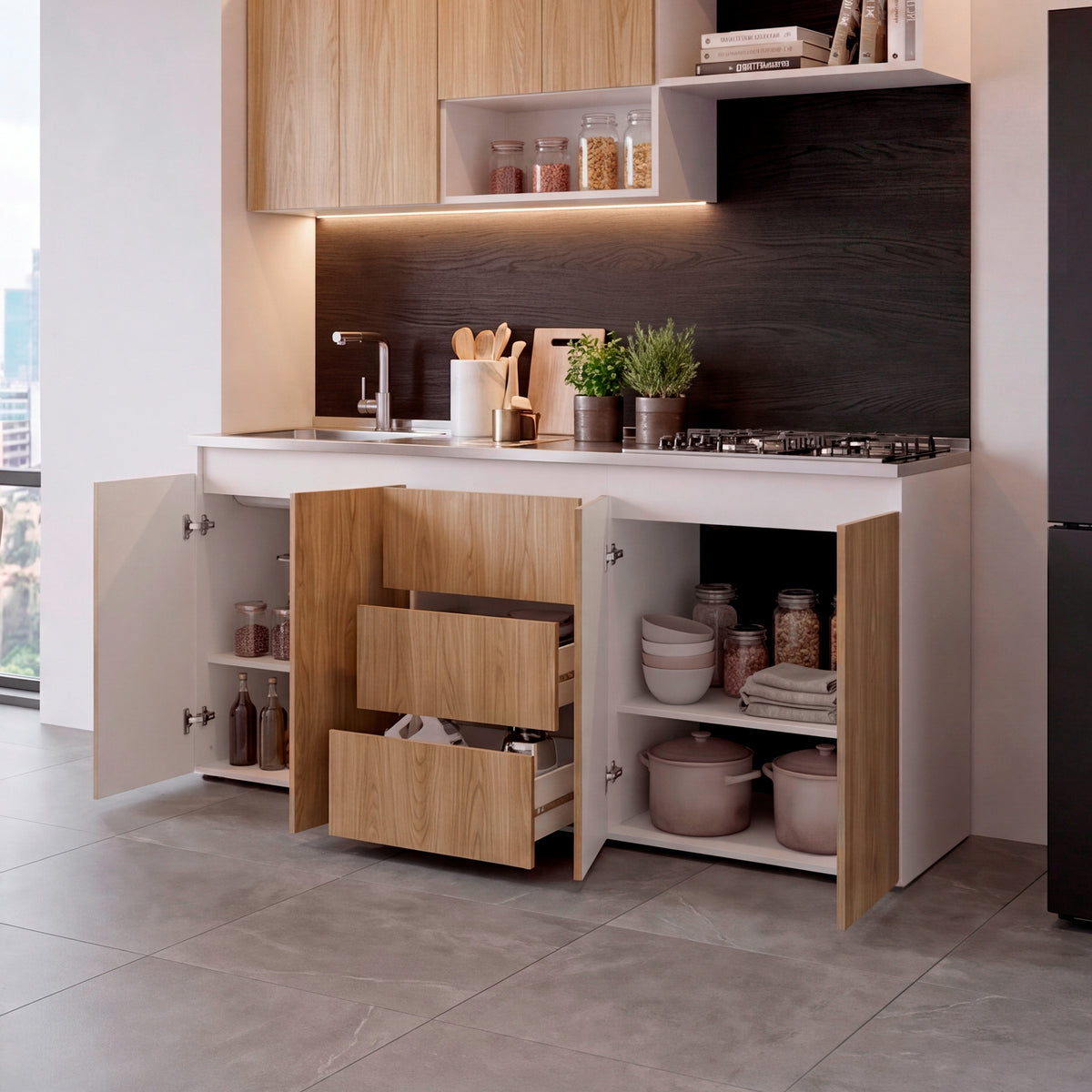 Mueble Inferior de Cocina Boreal Fresno y Blanco 180x81.5cm para Mesón Lado Izquierdo sin Mesón y sin Estufa