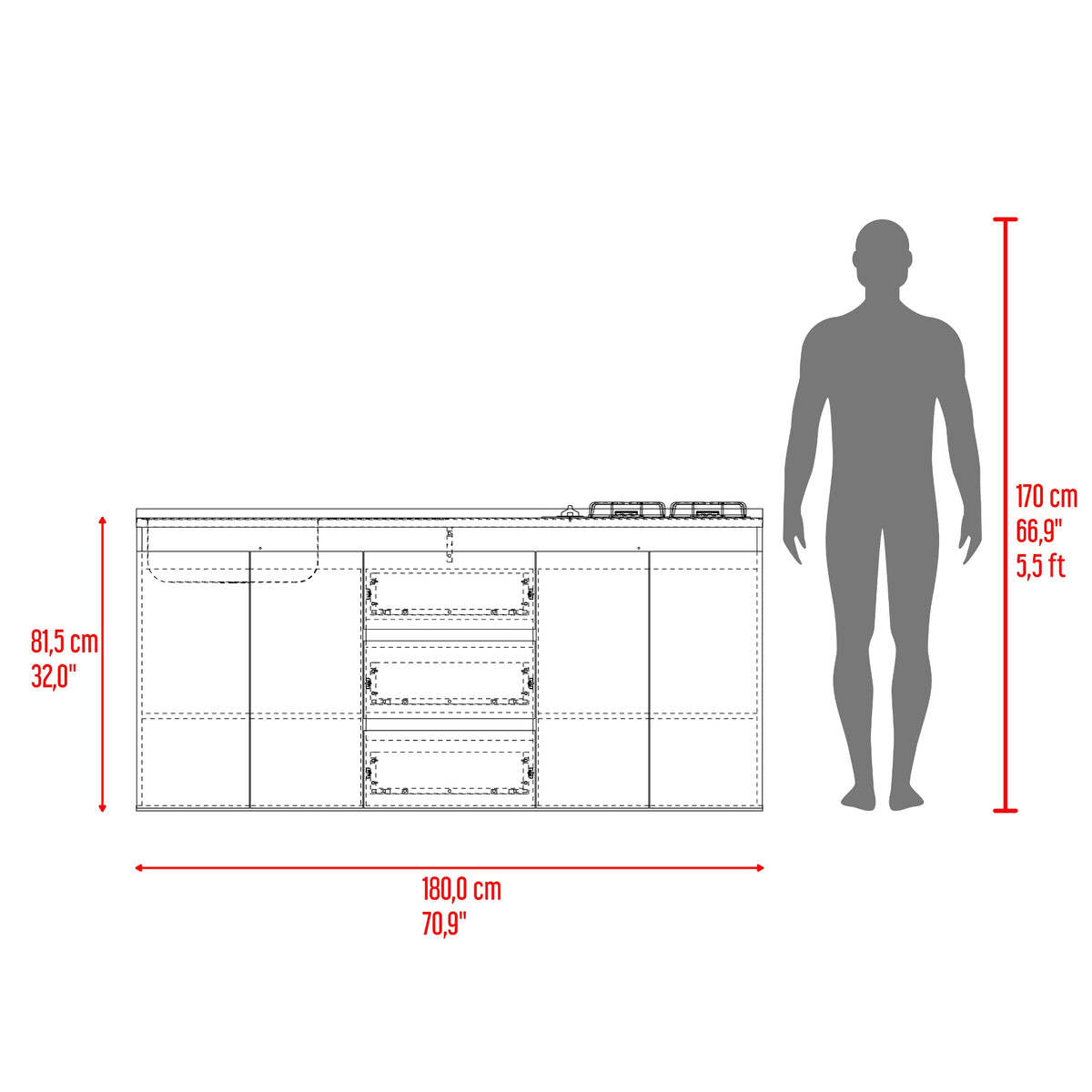 Mueble Inferior de Cocina Boreal Fresno y Blanco 180x81.5cm para Mesón Lado Izquierdo sin Mesón y sin Estufa