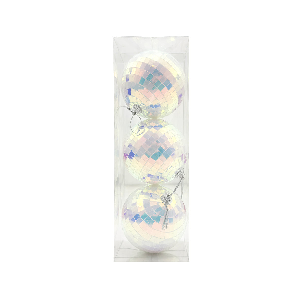 Bolas navideñas blancas aurora boreal brillantes PVC 8 cm set x3