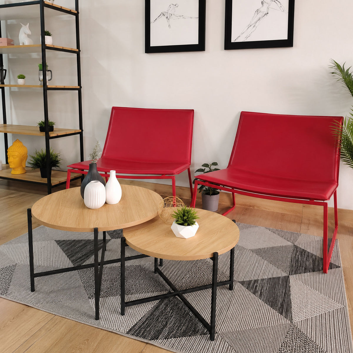 Set X 2 Mesas de Centro Silver Madera Clara y Negro 58x35.5cm Circulares