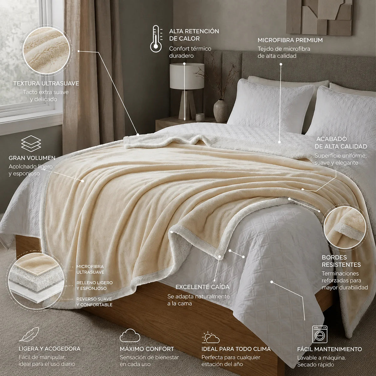 Cobija Ovejera Beige 180x250cm Fondo Entero Térmica