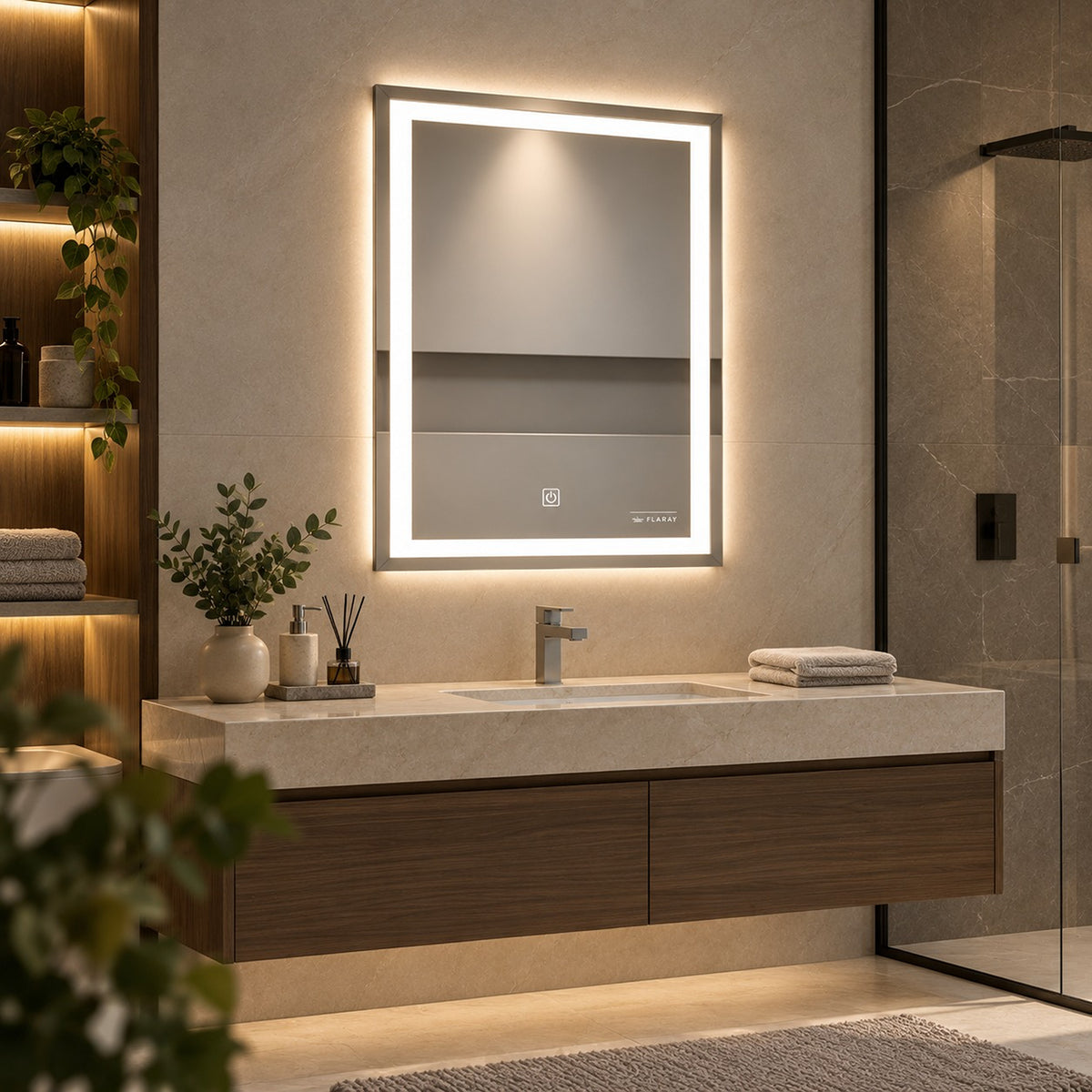 Espejo de baño LED plateado rectangular 70x50 cm con control táctil