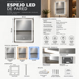 Espejo de baño LED plateado rectangular 70x50 cm con control táctil