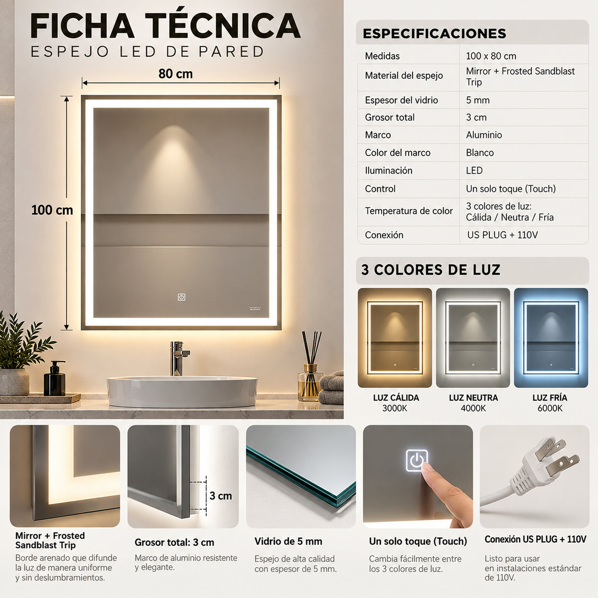 Espejo de baño LED rectangular 80x100 cm con luz táctil multitemperatura