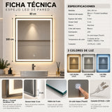 Espejo de baño LED rectangular 80x100 cm con luz táctil multitemperatura