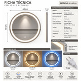 Espejo de baño redondo blanco LED 60x60 cm con control touch