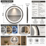 Espejo de baño redondo plateado con luz LED antivaho 70x70 cm