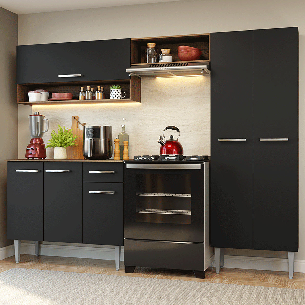 Cocina Integral Deli Marrón y Negro 220x186cm con Mesón de Madera Aglomerada MDP sin Pozuelo sin Estufa y con Alacela Lado Derecho