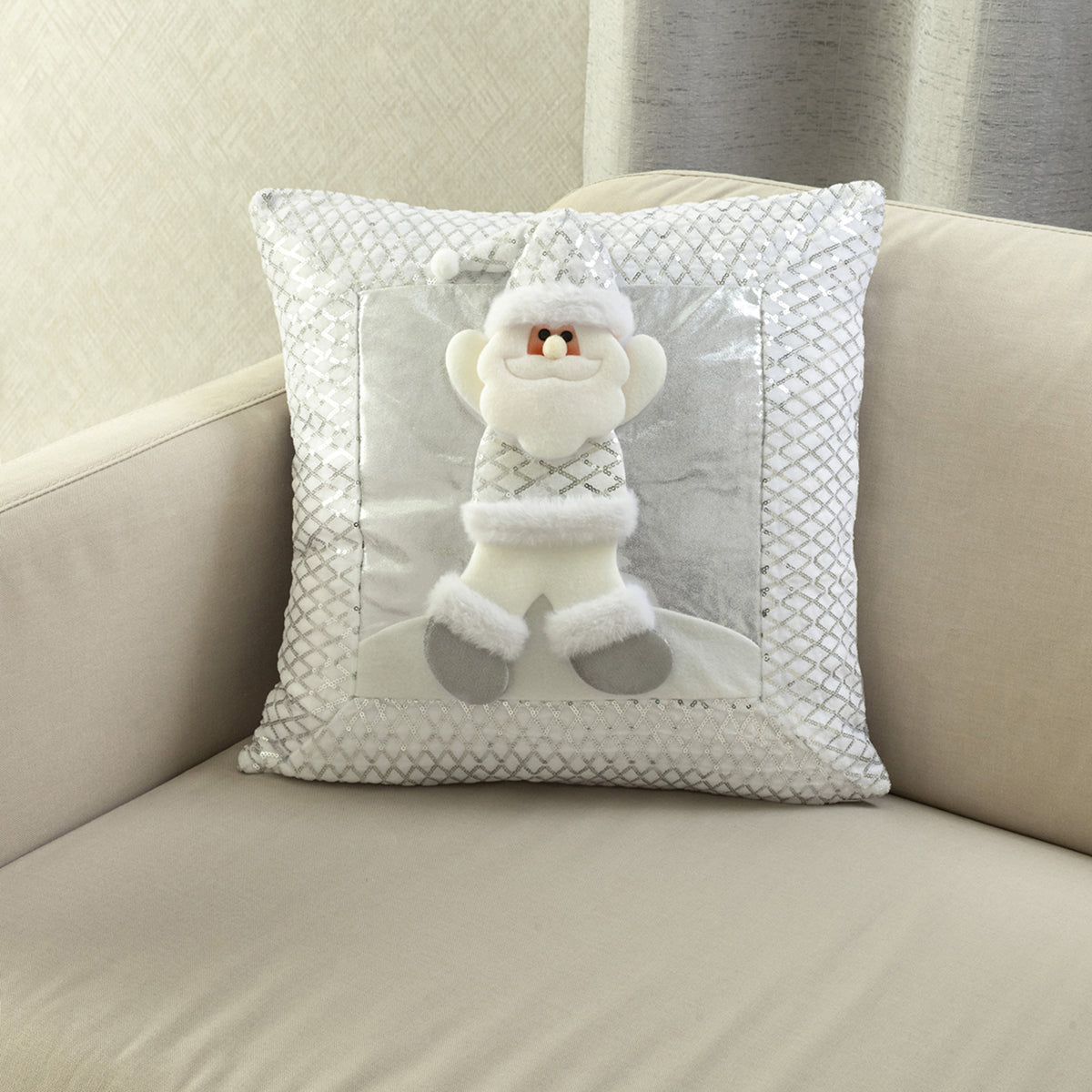 Funda de cojín navideña plateada Papá Noel en poliéster 45x45 cm