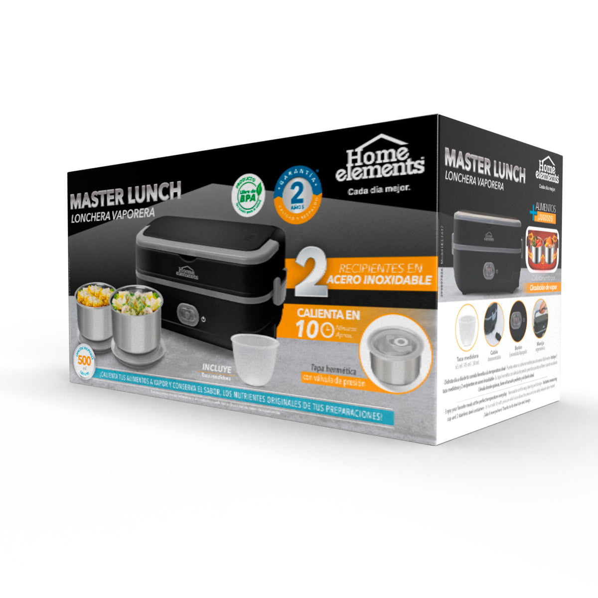 Lonchera eléctrica Home Elements Master Lunch negra 1 L con recipientes en acero inoxidable 200 W