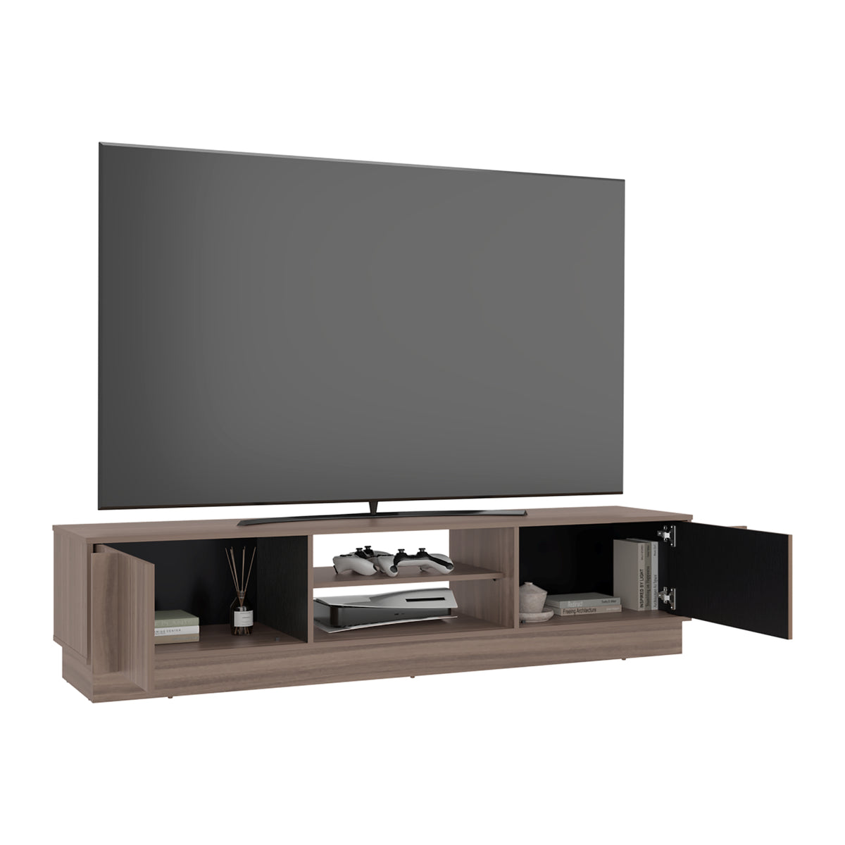Rack de TV Caoba Avellana y Wengue 180x42.1cm para TV Hasta 75" Pulgadas con Dos Compatimientos