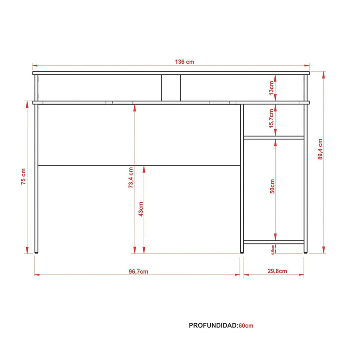 Escritorio gamer Bolonia negro y rojo en MDF 136x89.5cm con repisa superior
