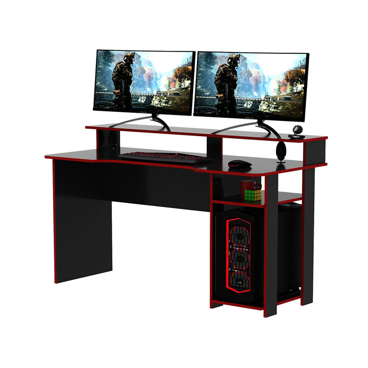 Escritorio gamer Bolonia negro y rojo en MDF 136x89.5cm con repisa superior
