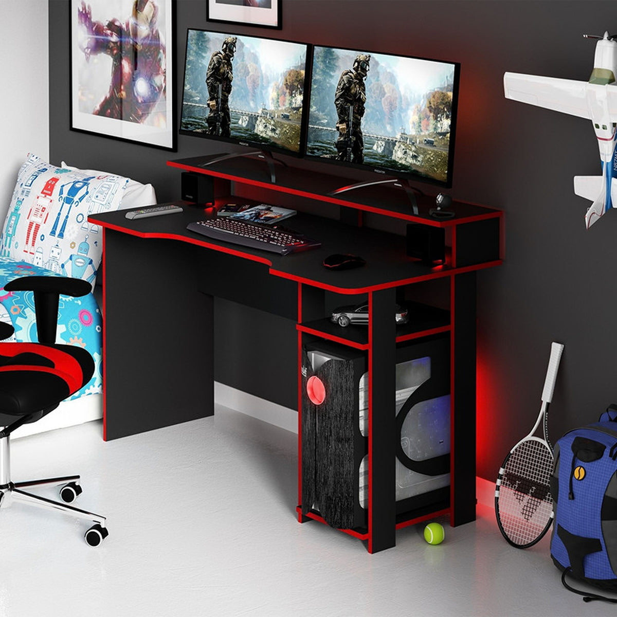 Escritorio gamer Bolonia negro y rojo en MDF 136x89.5cm con repisa superior