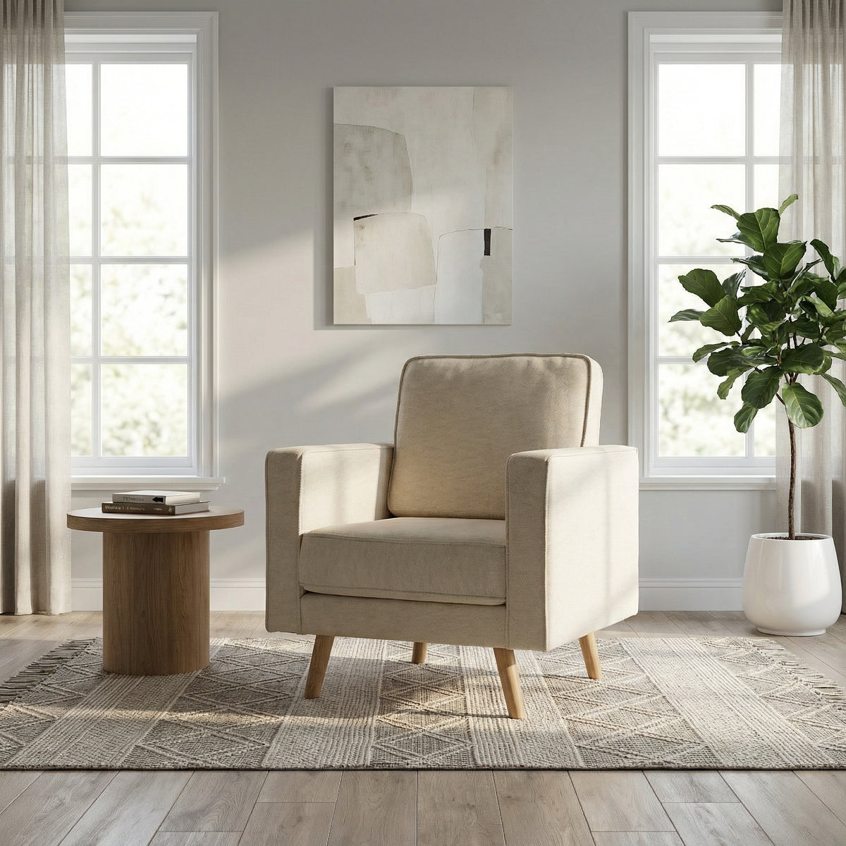 Poltrona beige Porto en poliéster velvet y madera pino 80x98 cm