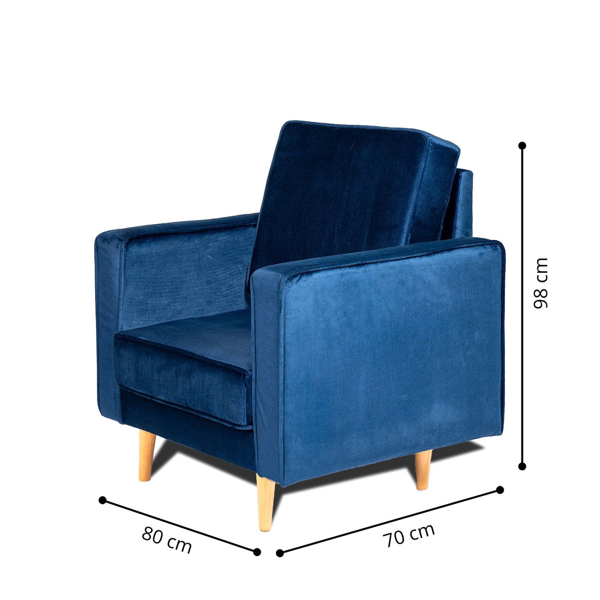 Poltrona azul Porto en poliéster velvet y madera pino 80x98 cm