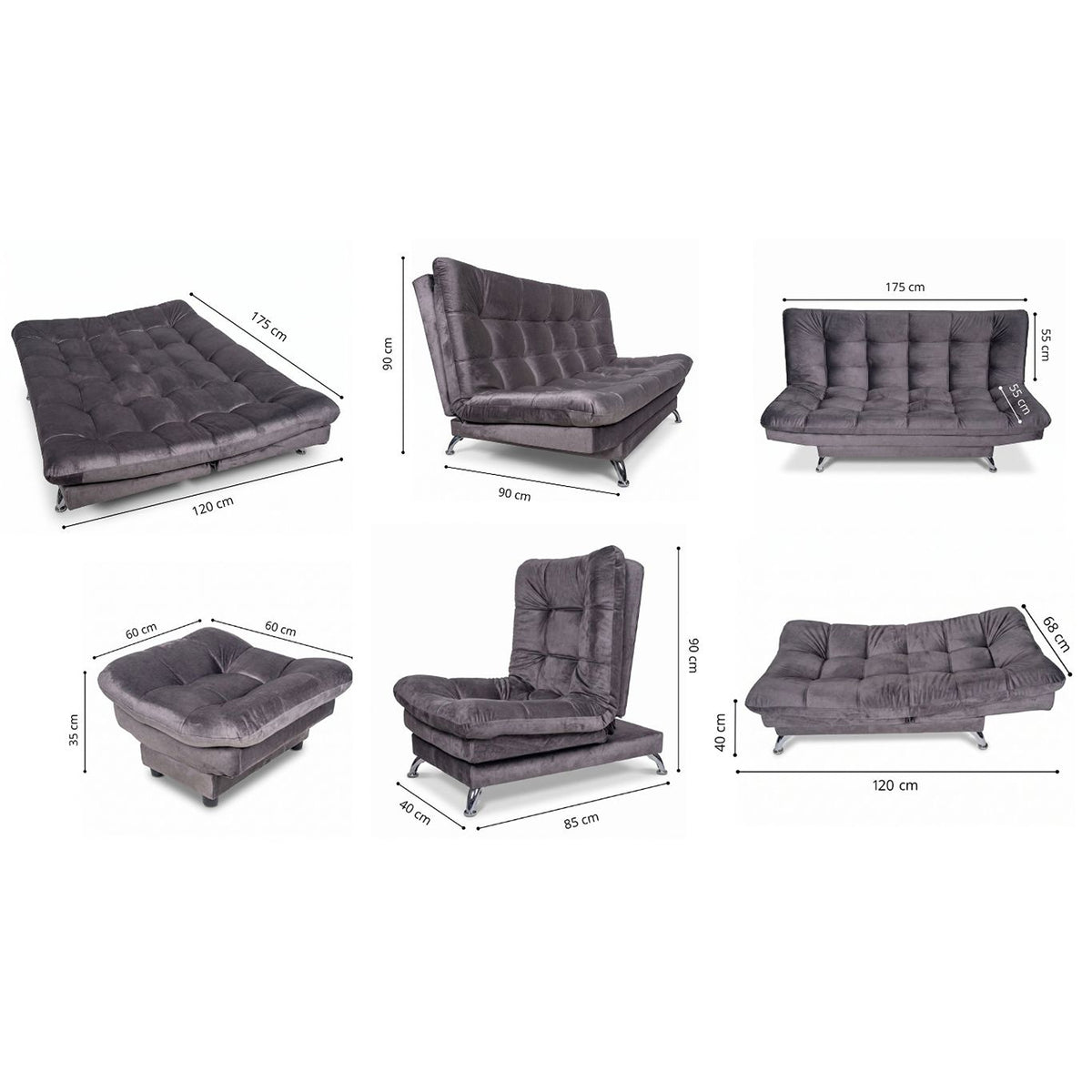 Sala sofá cama gris oscuro 6 puestos reclinable con puff 120x90 cm