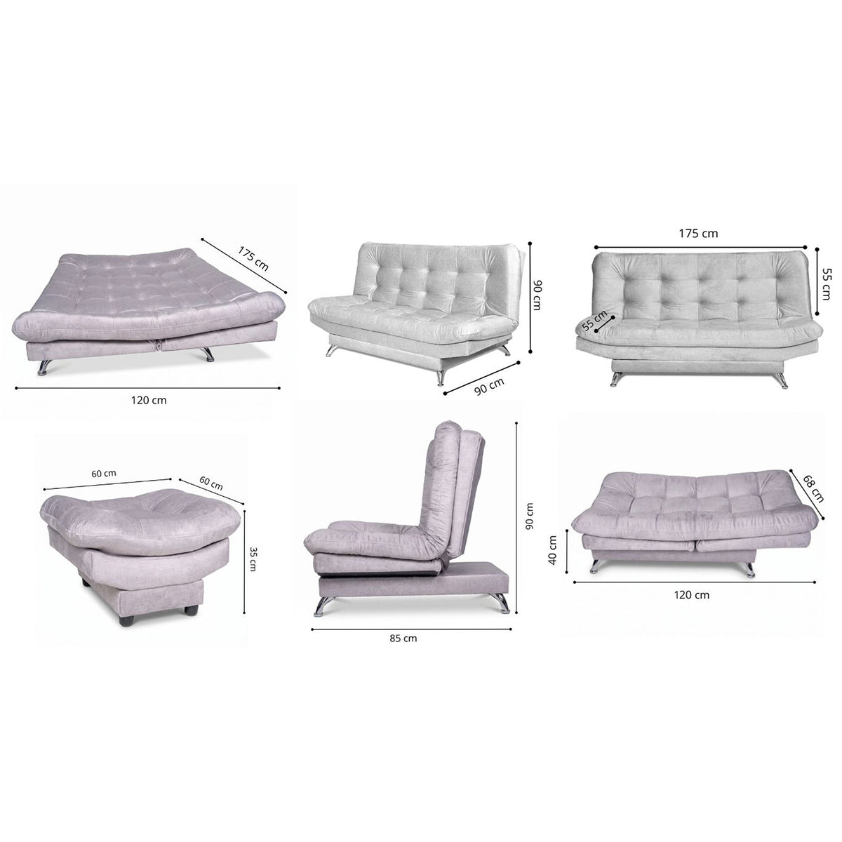 Sala sofá cama semidoble plata 6 puestos reclinable en poliéster 120x90 cm