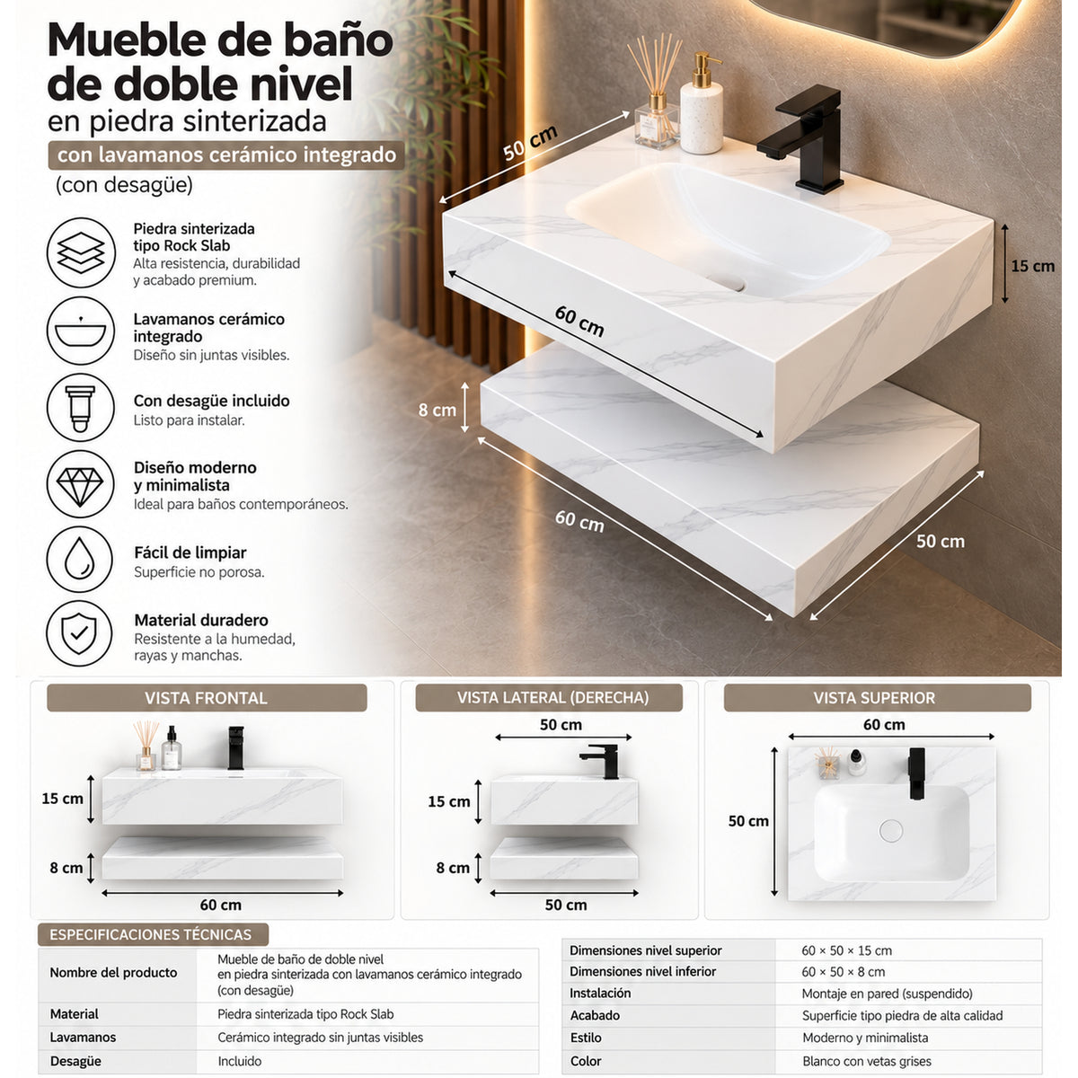 Lavamanos suspendido blanco en piedra sinterizada 60x23 cm con lavamanos integrado