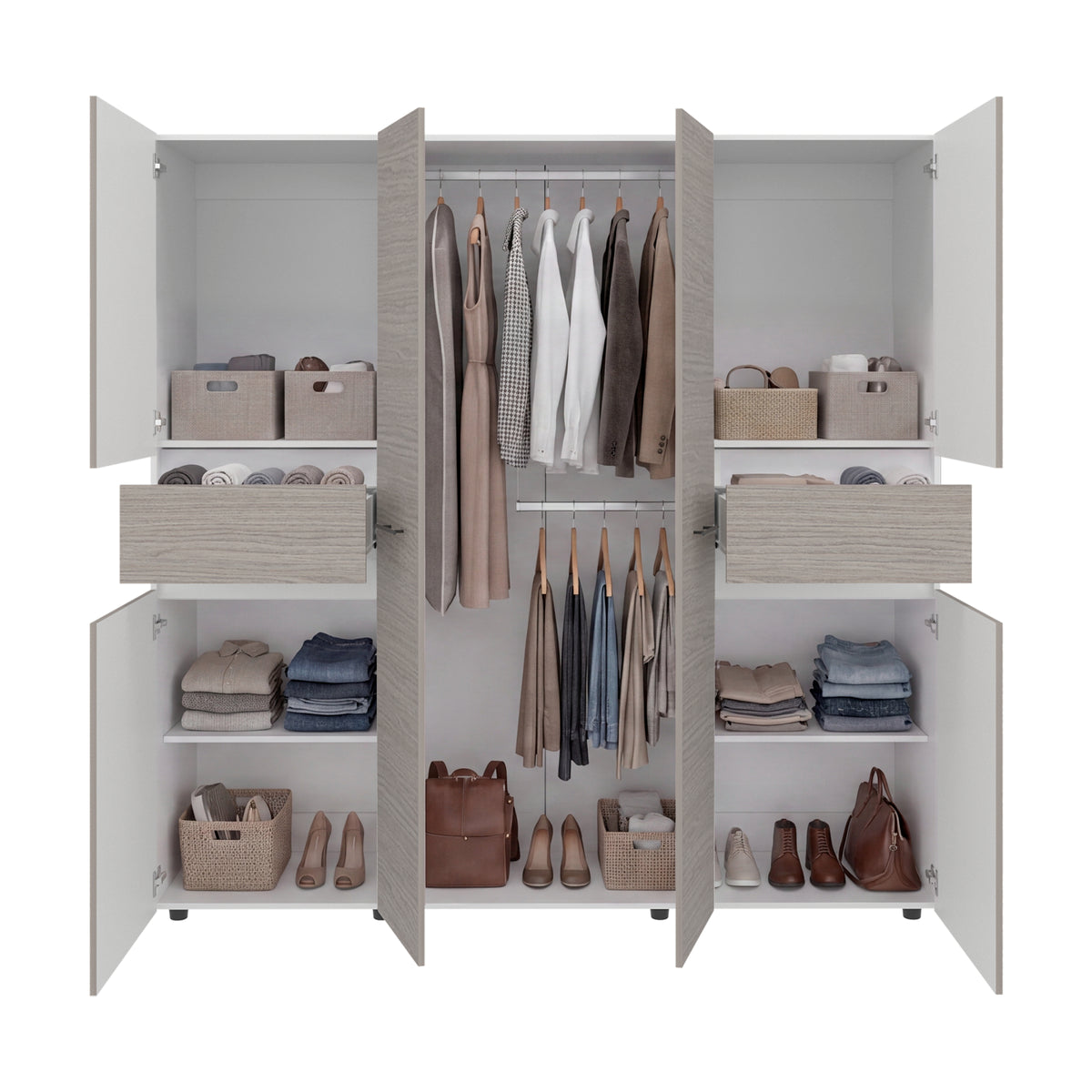 Clóset Berino moderno Positano y blanco 200x200 cm con 6 puertas y 2 cajones
