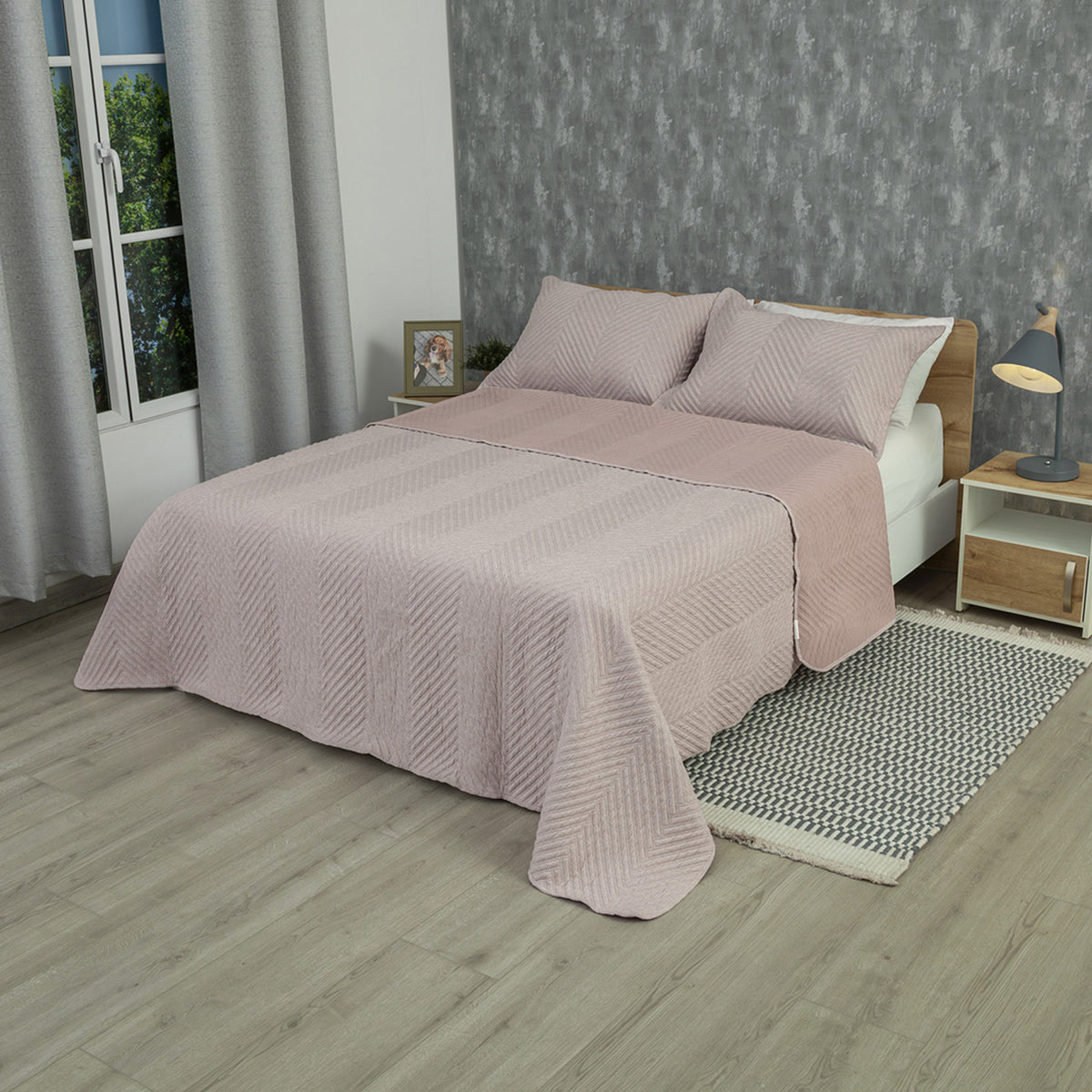Tendido para cama doble rosa Kyoto 140x190 cm en microfibra con 2 fundas