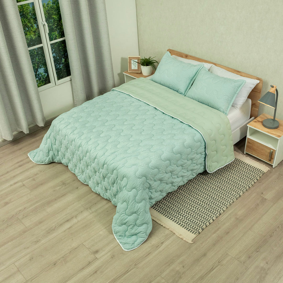 Cubrelecho para cama doble verde Flora superacolchado en microfibra 140x190 cm