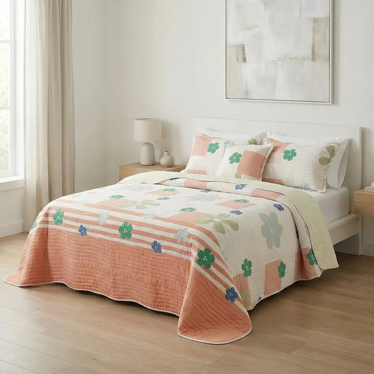 Cubrelecho semidoble Rosella floral salmón doble faz en microfibra 120x190 cm