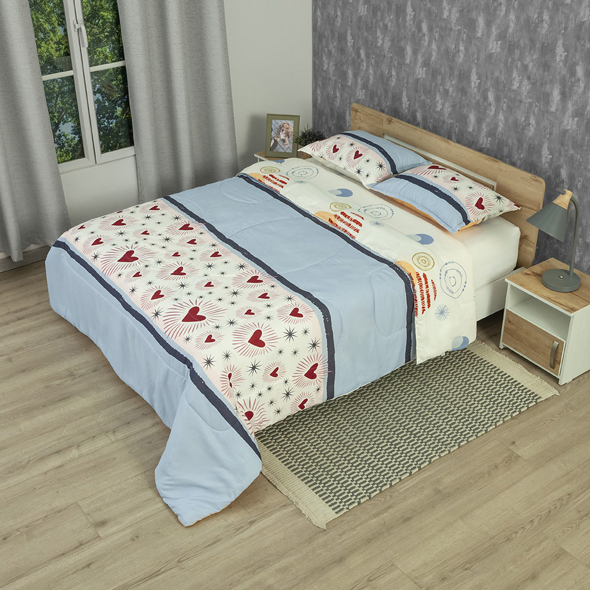Cubrelecho Amoré Soft para cama doble azul y blanco semiacolchado doble faz 140x190 cm