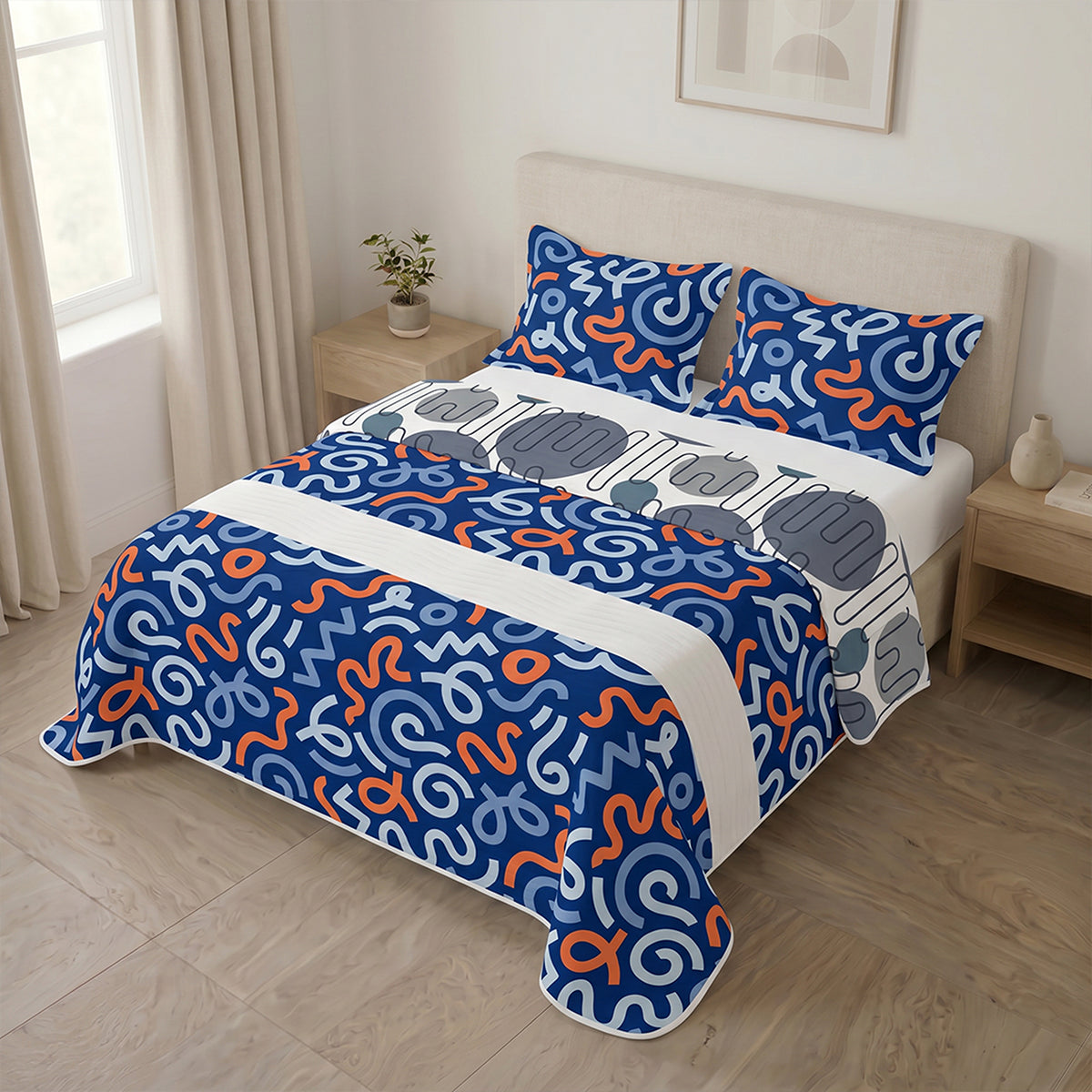 Cubrelecho Trazo Memphis para cama doble azul doble faz acolchado 140x190 cm microfibra