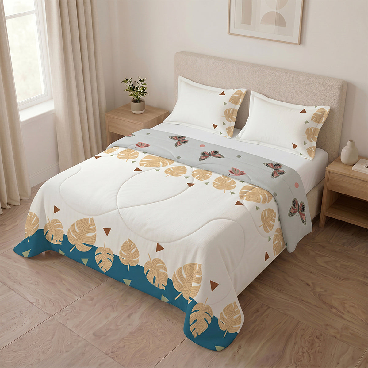 Cubrelecho para cama doble mariposas blanco y gris doble faz en microfibra 140x190 cm